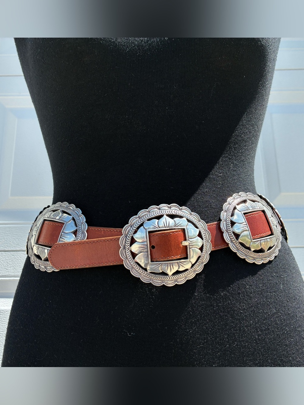 Brighton Festival Boho Western Brown Leather Concho Belt Silver-Tone Flower 1993